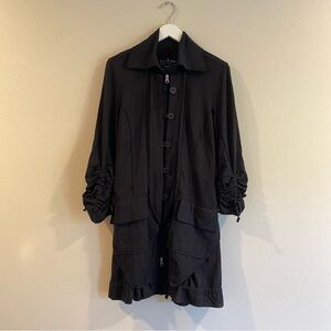 Neon Buddha Black Lagenlook Jacket Small Ruched Sleeve Button Zip Tunic Coat